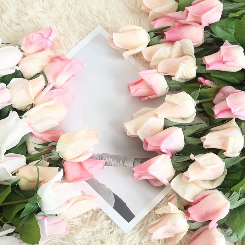 O-X809 Wedding Supplies Wholesale Real Touch Latex Flowers White Pink Real Touch Single Roses Buds Artificial Roses with Stem