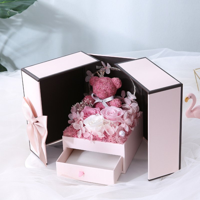 Valentine Teddy Bear Rose Necklace Gift Box artificial flower gift box never die eternal flower roses with gift box