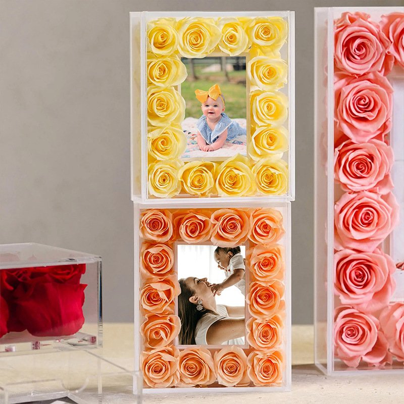 New Trending Mother's Day Eternal Rose Picture Acrylic Frame Forever Preserved Rose Quartz Crystal Photo Frame