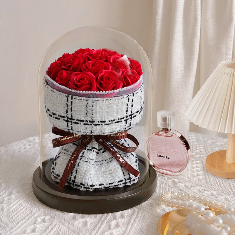 Mothers Day Gifts 2024 Romantic Preserved Flower Artificial Rose Soap Flowers Bouquet In Glass Dome