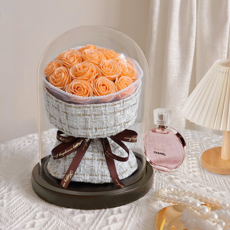 Mothers Day Gifts 2024 Romantic Preserved Flower Artificial Rose Soap Flowers Bouquet In Glass Dome