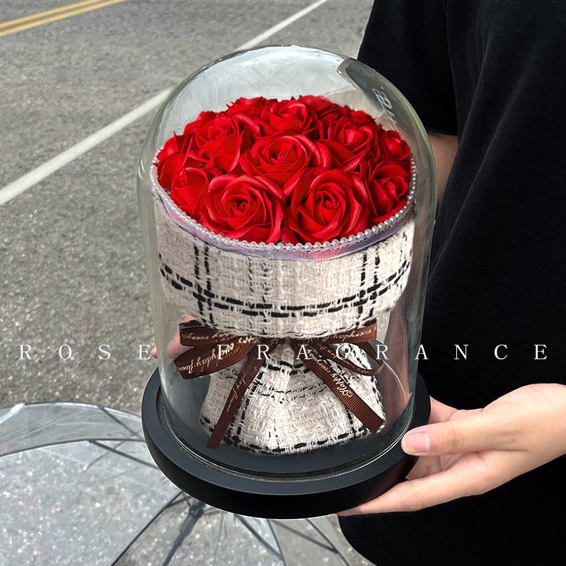 Mothers Day Gifts 2024 Romantic Preserved Flower Artificial Rose Soap Flowers Bouquet In Glass Dome