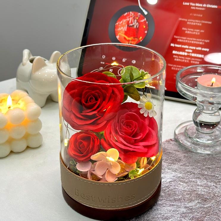 Mothers Day Gifts 2024 Romantic Preserved Flower Artificial Rose Soap Flowers Bouquet In Glass Dome
