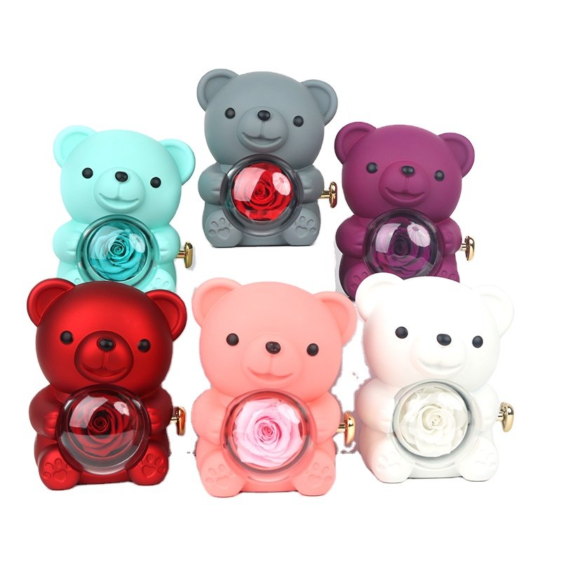 GR New Arrival Gift Hugging Teddy Bear Jewelry Rotating Eternal Rose Boxes Preserved lovely gift box customized flower boxes