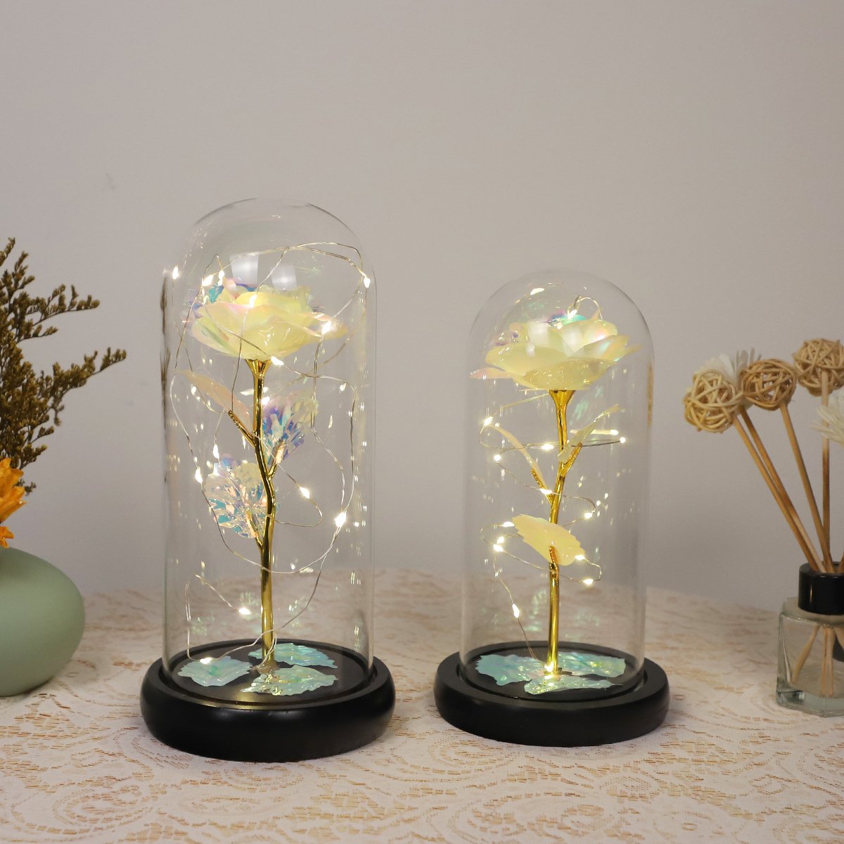 Valentine's Day Gift Two Preserved Flower Led Lights in Glass Dome Eternal Rose Ornaments Mother's Day Gift Home Decoration