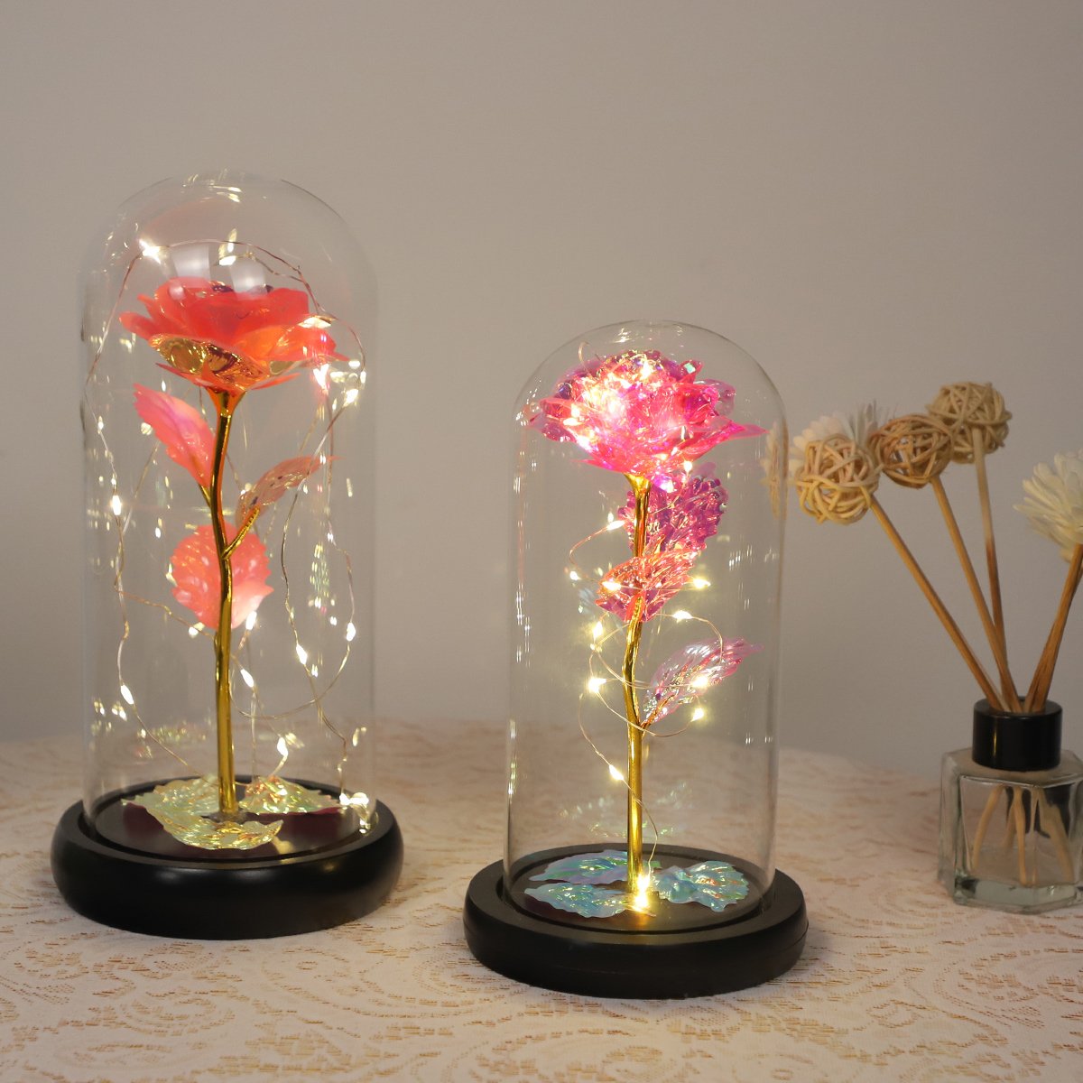 Valentine's Day Gift Two Preserved Flower Led Lights in Glass Dome Eternal Rose Ornaments Mother's Day Gift Home Decoration