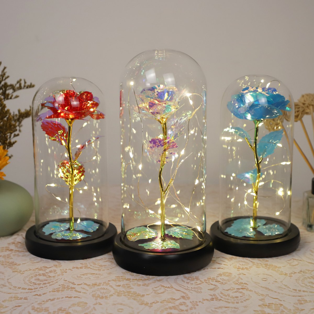 Valentine's Day Gift Two Preserved Flower Led Lights in Glass Dome Eternal Rose Ornaments Mother's Day Gift Home Decoration