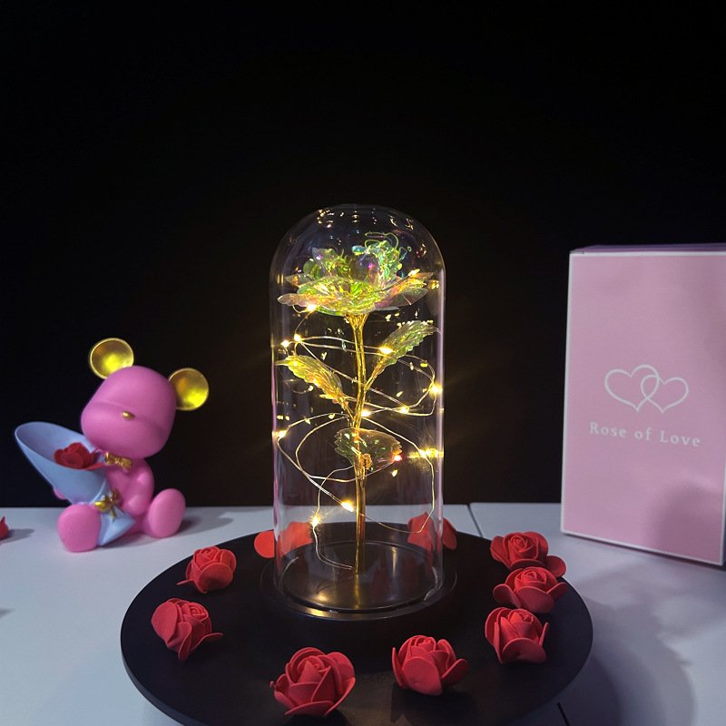 Valentine's Day Gifts Magic Gold Foil Rose HBG Dome Decorative Preserved Flower With LED Light Box For Girl Friend