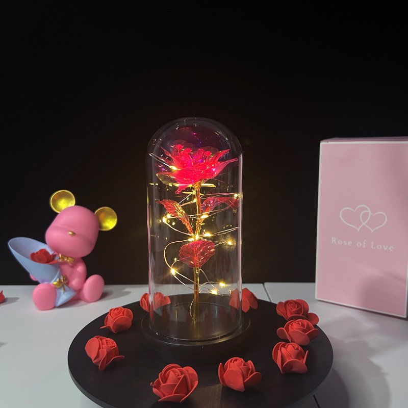 Valentine's Day Gifts Magic Gold Foil Rose HBG Dome Decorative Preserved Flower With LED Light Box For Girl Friend