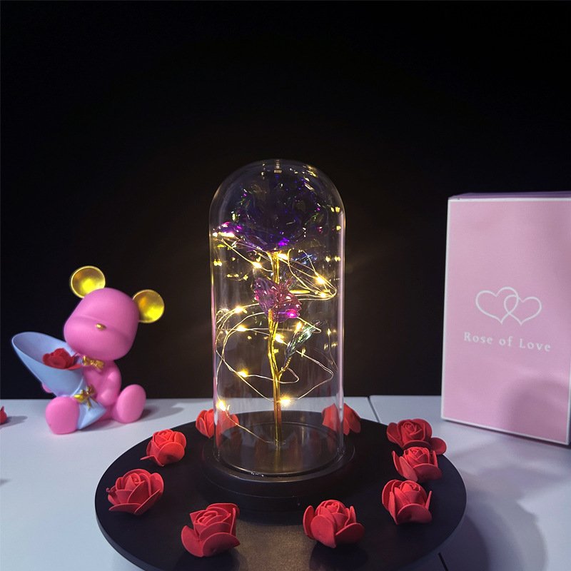 Valentine's Day Gifts Magic Gold Foil Rose HBG Dome Decorative Preserved Flower With LED Light Box For Girl Friend