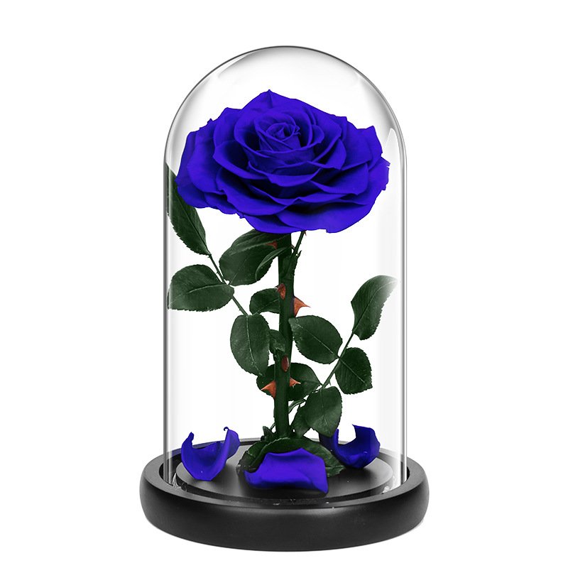 2024 Highly Popular Blue Single Eternal Rose With Stem In Glass Dome With Led Light Gift Box For Valentine Gifts
