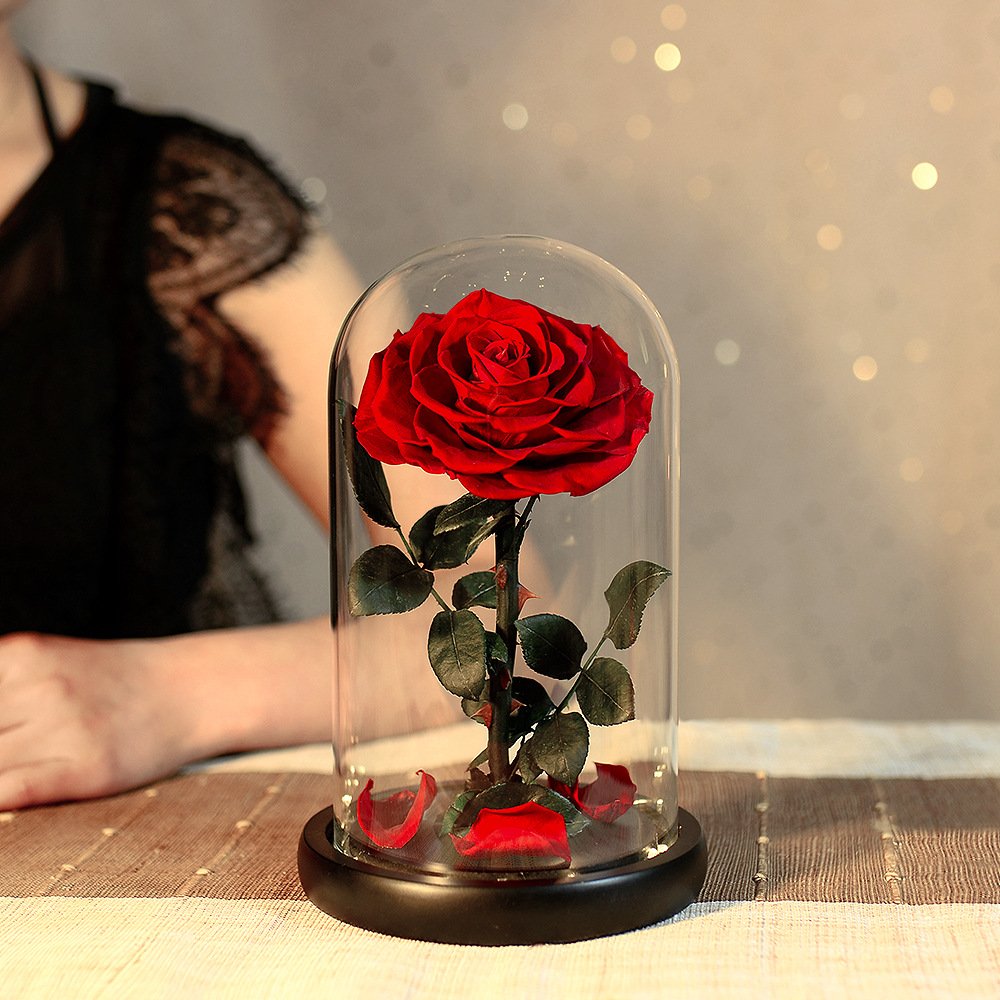 2024 Highly Popular Blue Single Eternal Rose With Stem In Glass Dome With Led Light Gift Box For Valentine Gifts