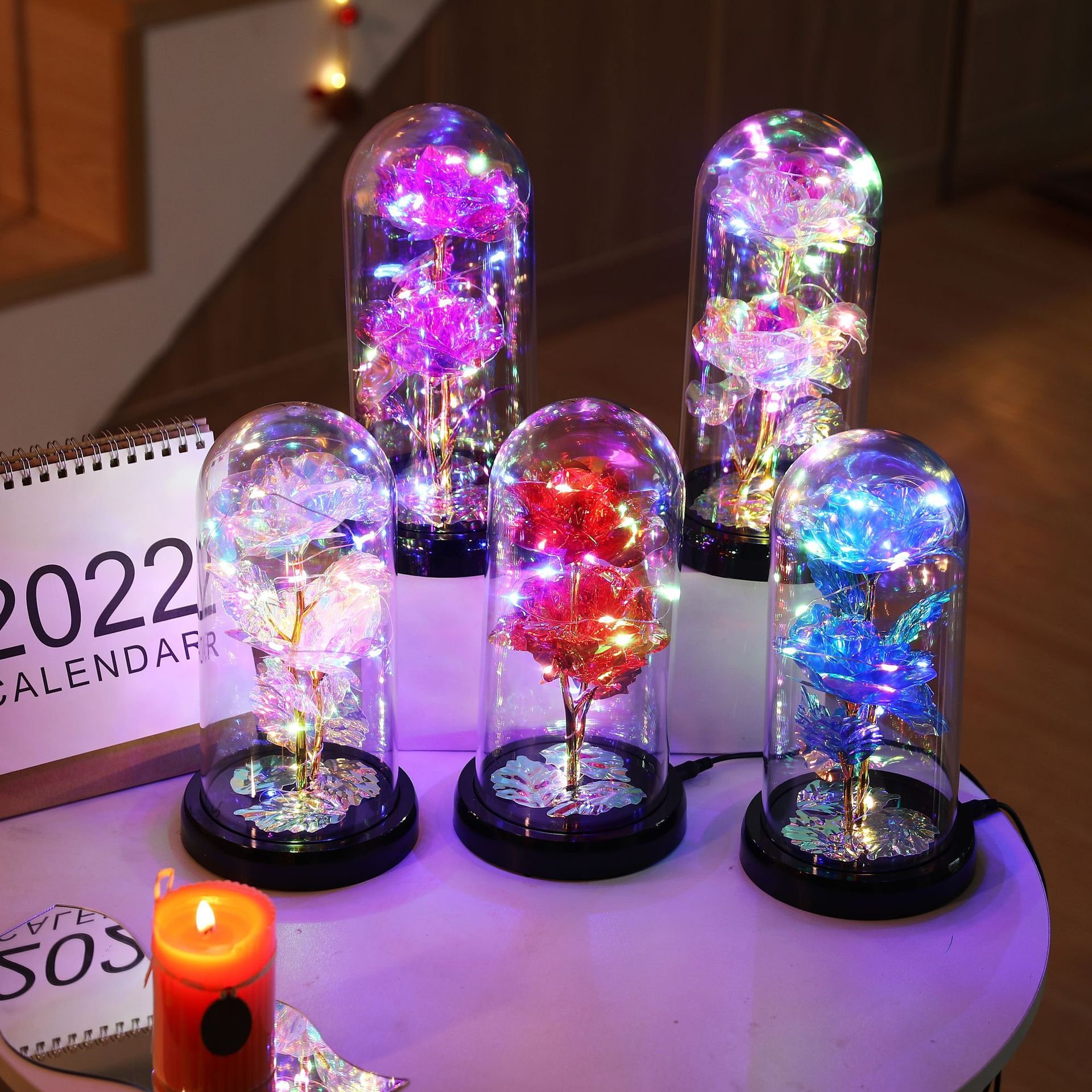 Mother's Day and Children's Day Glass Set with Two Gold Foil Flower LED Luminous Rose Decorative Gifts graduation season