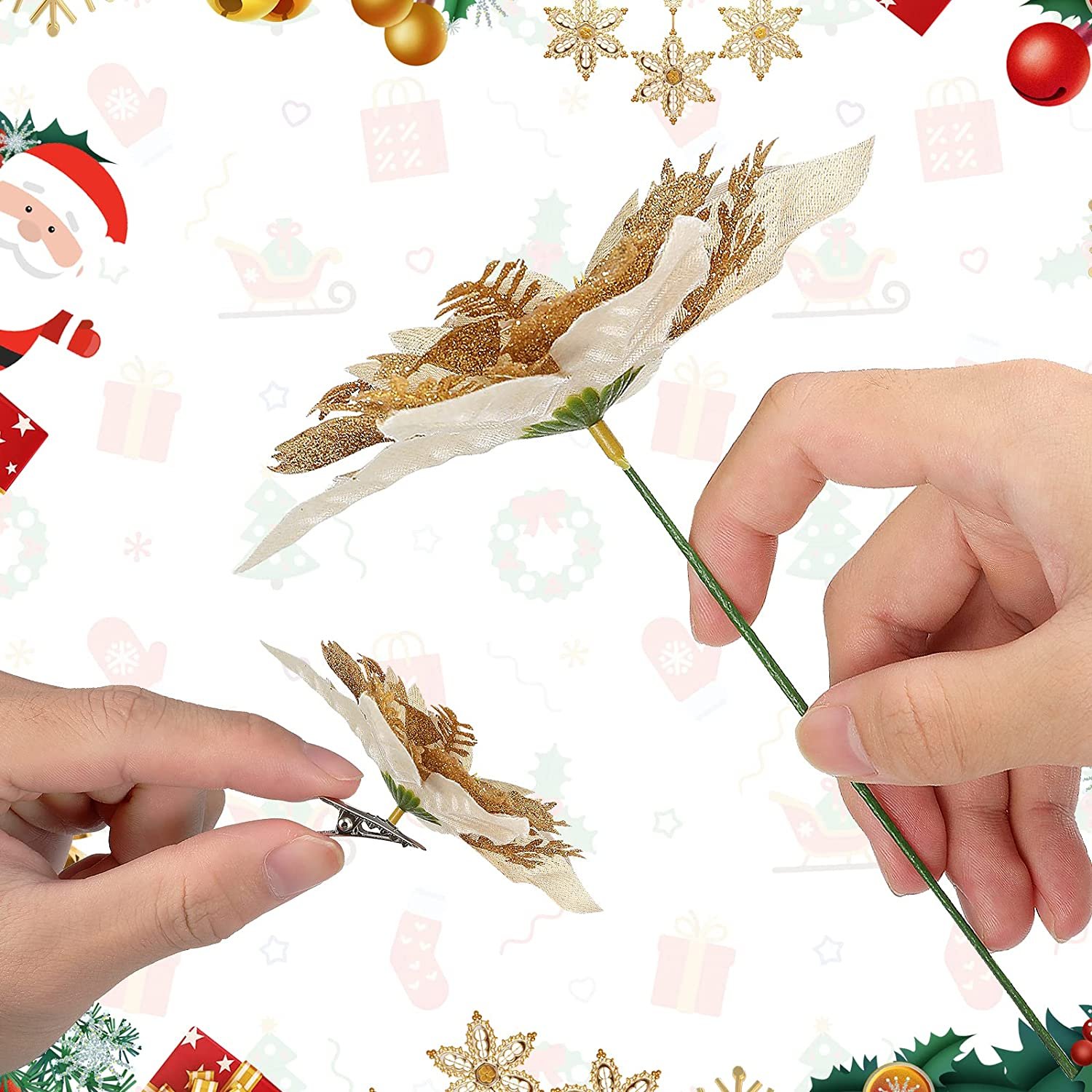 wholesale artificial golden plastic poinsettia flower gold glitter plastic flower for christmas tree