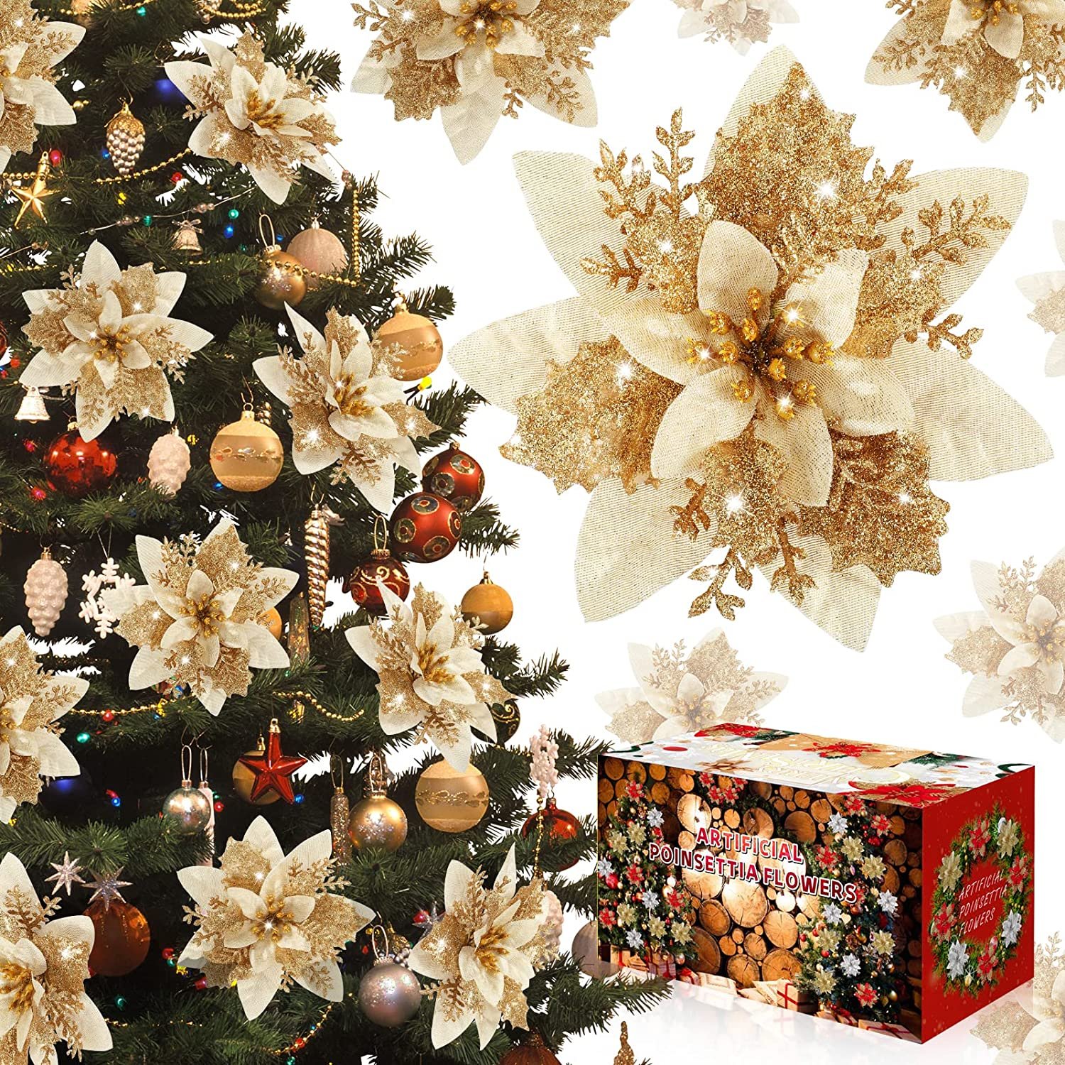 wholesale artificial golden plastic poinsettia flower gold glitter plastic flower for christmas tree