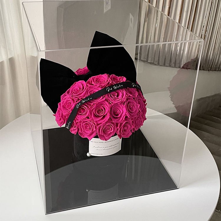 Valentine Day Manufacturer Rabbit Ear Dried Flower Eternal Rose Acrylic Gift Box Decoration Eternal Rose Preserved Flower in Box