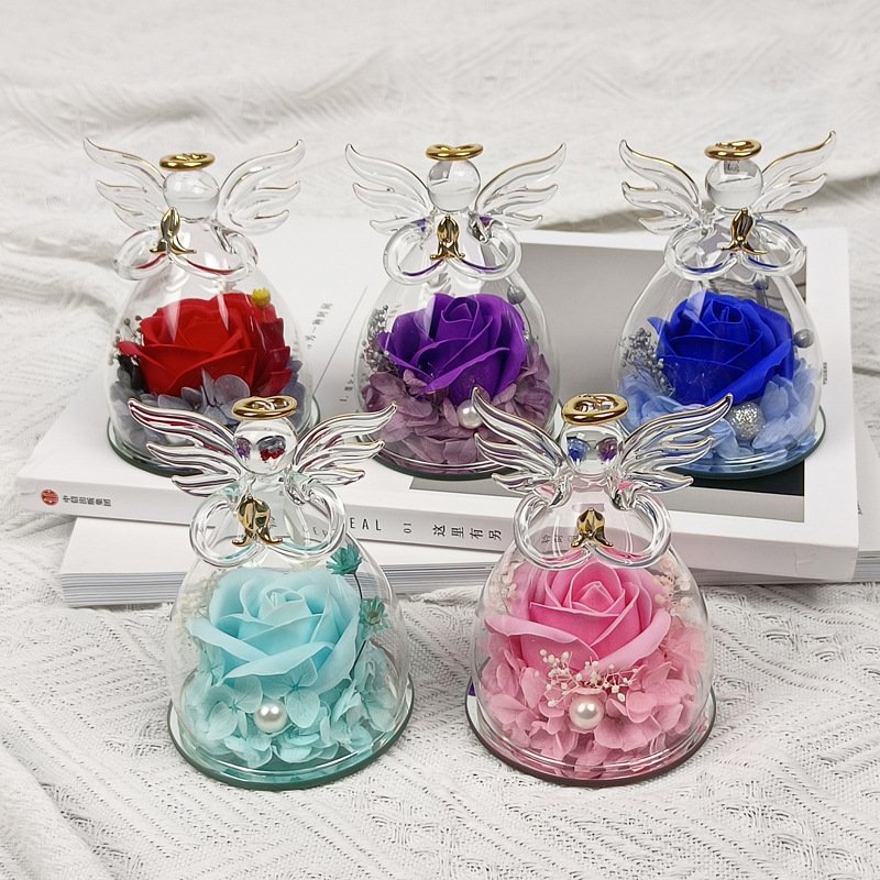Christmas Soap Rose Birthday Gifts Women Mom Grandma Wife Glass Angel Figurines Gifts with Pretty Red Flowers