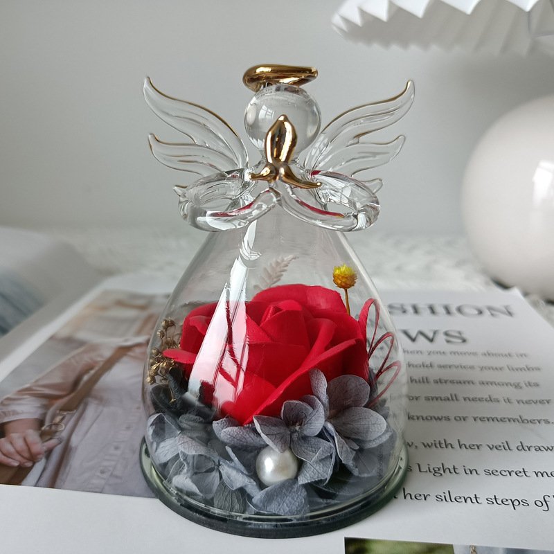 Christmas Soap Rose Birthday Gifts Women Mom Grandma Wife Glass Angel Figurines Gifts with Pretty Red Flowers