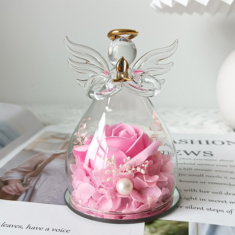 Christmas Soap Rose Birthday Gifts Women Mom Grandma Wife Glass Angel Figurines Gifts with Pretty Red Flowers