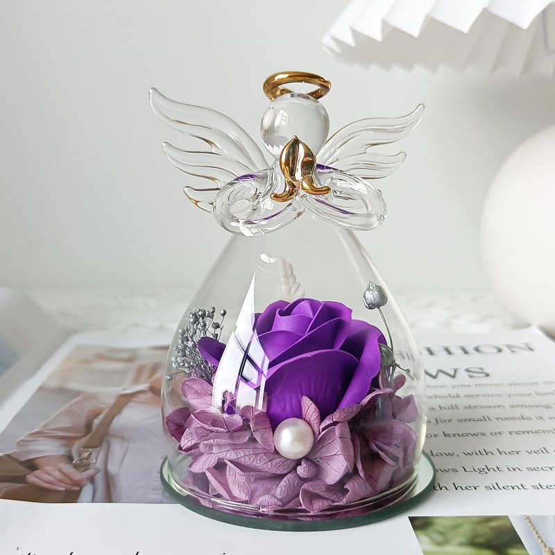Christmas Soap Rose Birthday Gifts Women Mom Grandma Wife Glass Angel Figurines Gifts with Pretty Red Flowers