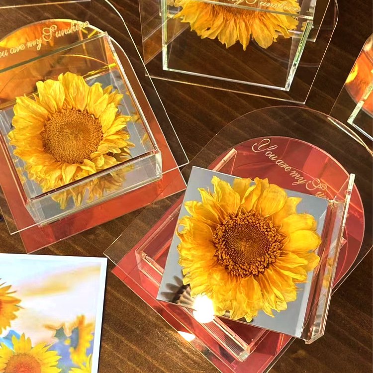 Wholesale 2024new trend hot selling preserved flowers sunflower in mirror acrylic box for Valentine's day