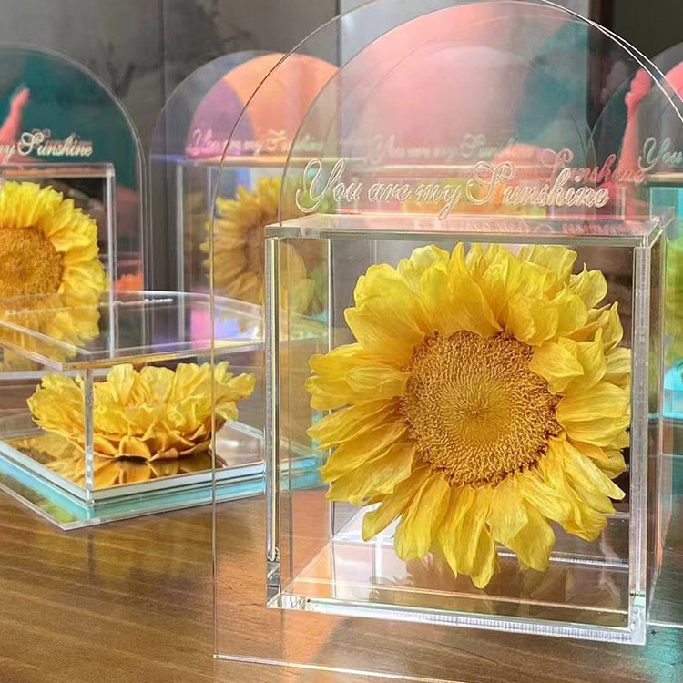 Wholesale 2024new trend hot selling preserved flowers sunflower in mirror acrylic box for Valentine's day