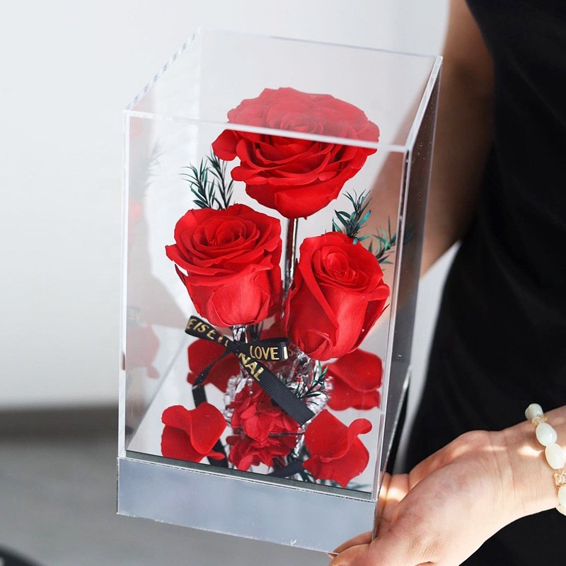 TC Wholesale Custom Logo Red Eternal Forever Rose Gift Packaging Acrylic Flower Box Valentines Gifts 3pcs Preserved Roses