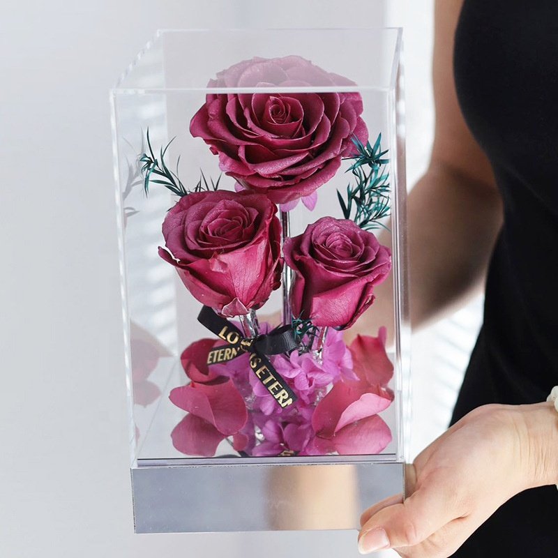 TC Wholesale Custom Logo Red Eternal Forever Rose Gift Packaging Acrylic Flower Box Valentines Gifts 3pcs Preserved Roses
