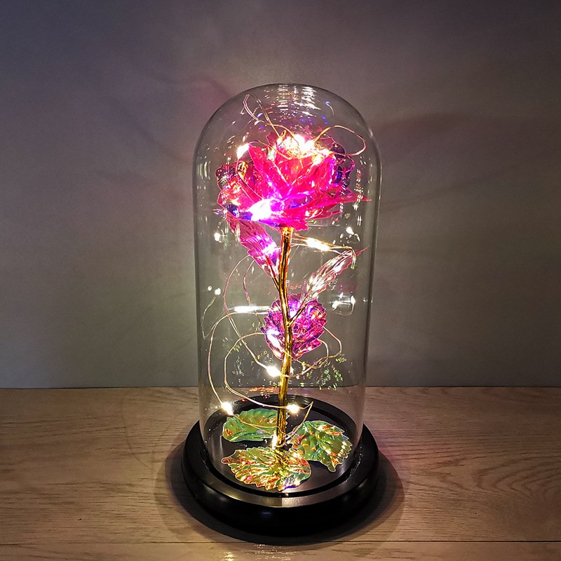 Valentines Day Gift Colorful Led Light Strings Preserved 24K Gold Foil Galaxy Rose Gold Plated Valentine Day Gifts In Glass Dome