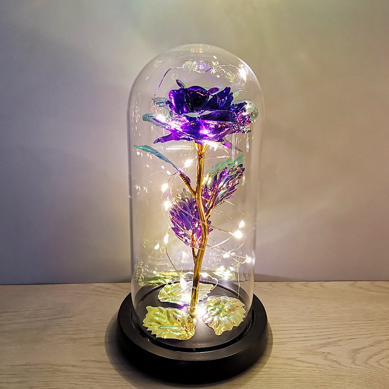 Valentines Day Gift Colorful Led Light Strings Preserved 24K Gold Foil Galaxy Rose Gold Plated Valentine Day Gifts In Glass Dome