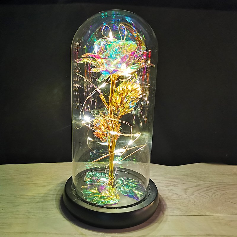 Valentines Day Gift Colorful Led Light Strings Preserved 24K Gold Foil Galaxy Rose Gold Plated Valentine Day Gifts In Glass Dome