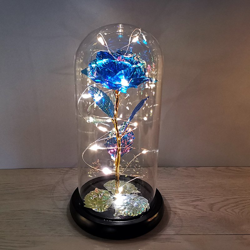 Valentines Day Gift Colorful Led Light Strings Preserved 24K Gold Foil Galaxy Rose Gold Plated Valentine Day Gifts In Glass Dome