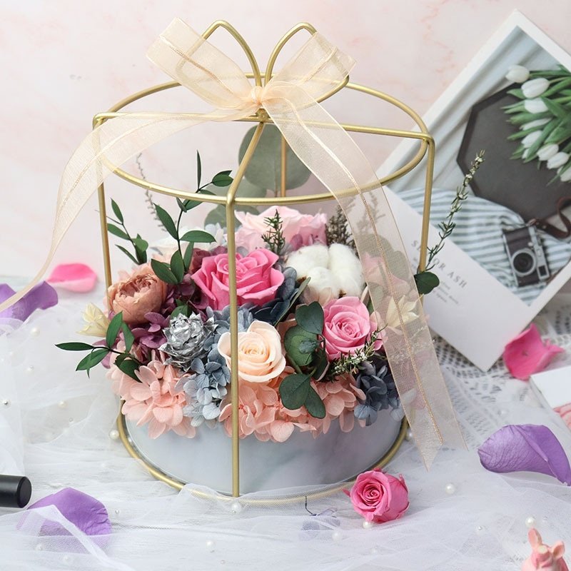 New Preserved Flowers In Wrought Iron Flower Basket Immortal Flowers Rose In Gift Box Home Ornaments Eternal Roses Mother's Gift