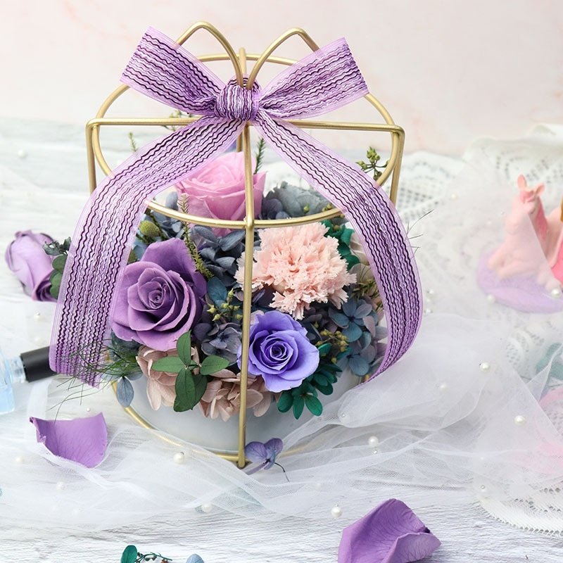 New Preserved Flowers In Wrought Iron Flower Basket Immortal Flowers Rose In Gift Box Home Ornaments Eternal Roses Mother's Gift