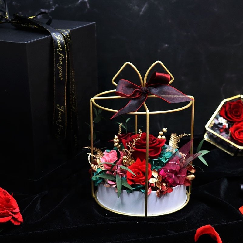 New Preserved Flowers In Wrought Iron Flower Basket Immortal Flowers Rose In Gift Box Home Ornaments Eternal Roses Mother's Gift
