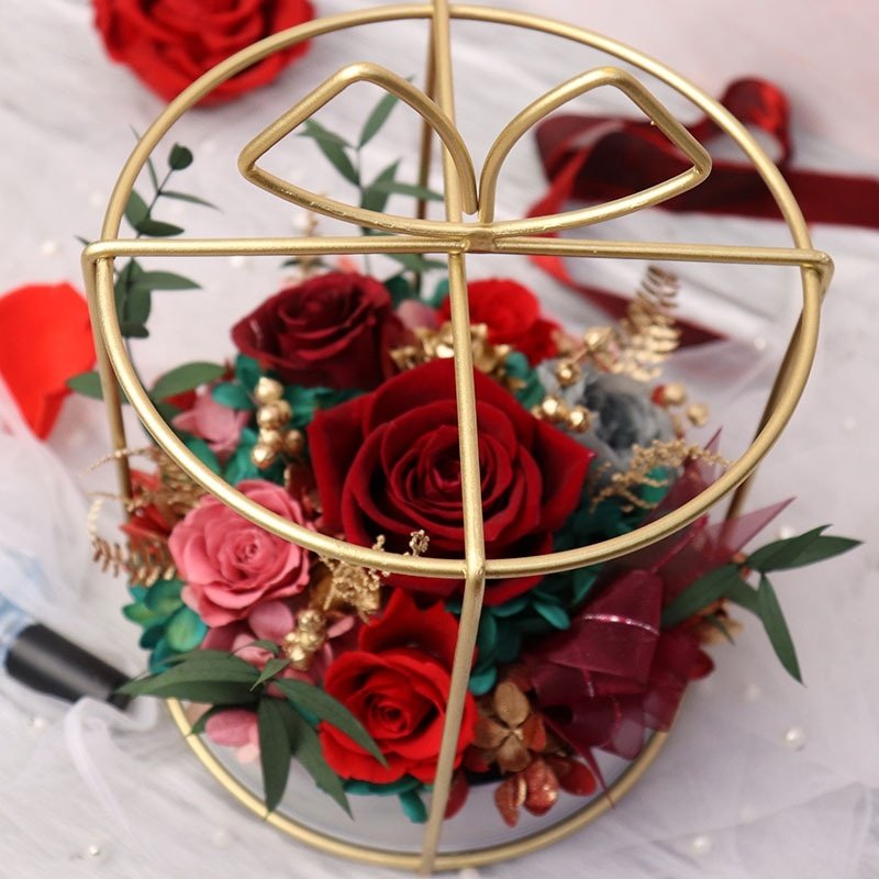 New Preserved Flowers In Wrought Iron Flower Basket Immortal Flowers Rose In Gift Box Home Ornaments Eternal Roses Mother's Gift