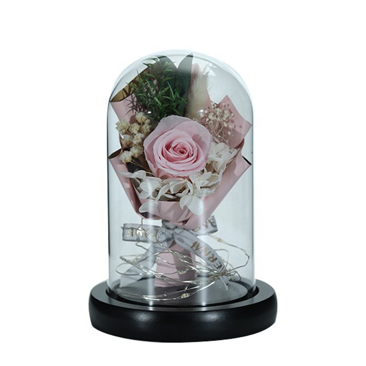 Preserved Flowers Bouquet with Real Rose and Flowers in Glass Dome
