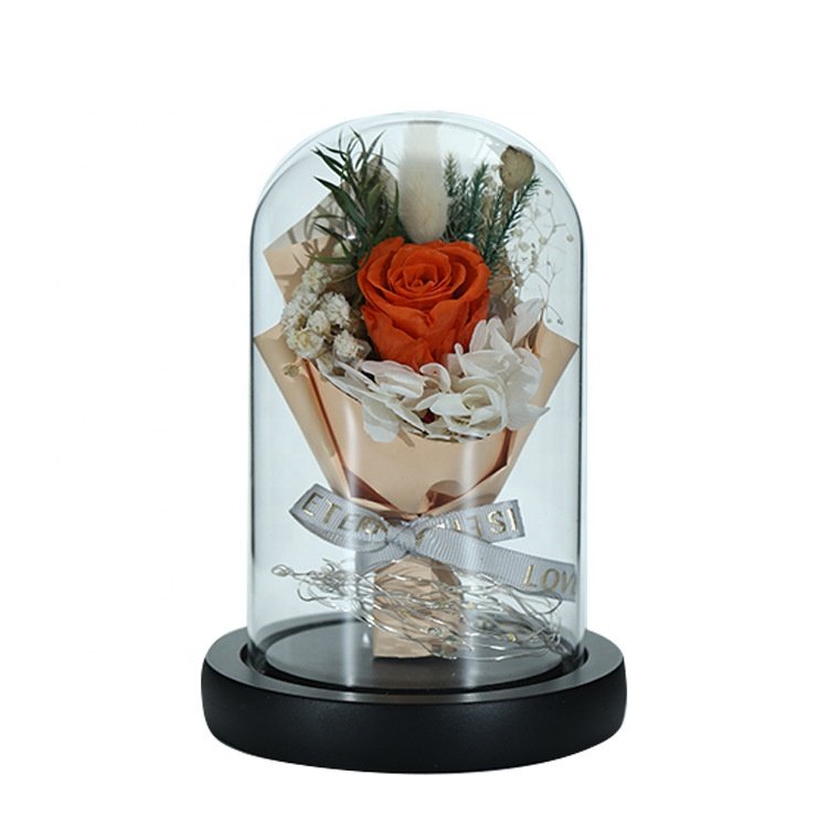 Preserved Flowers Bouquet with Real Rose and Flowers in Glass Dome