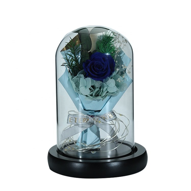 Preserved Flowers Bouquet with Real Rose and Flowers in Glass Dome