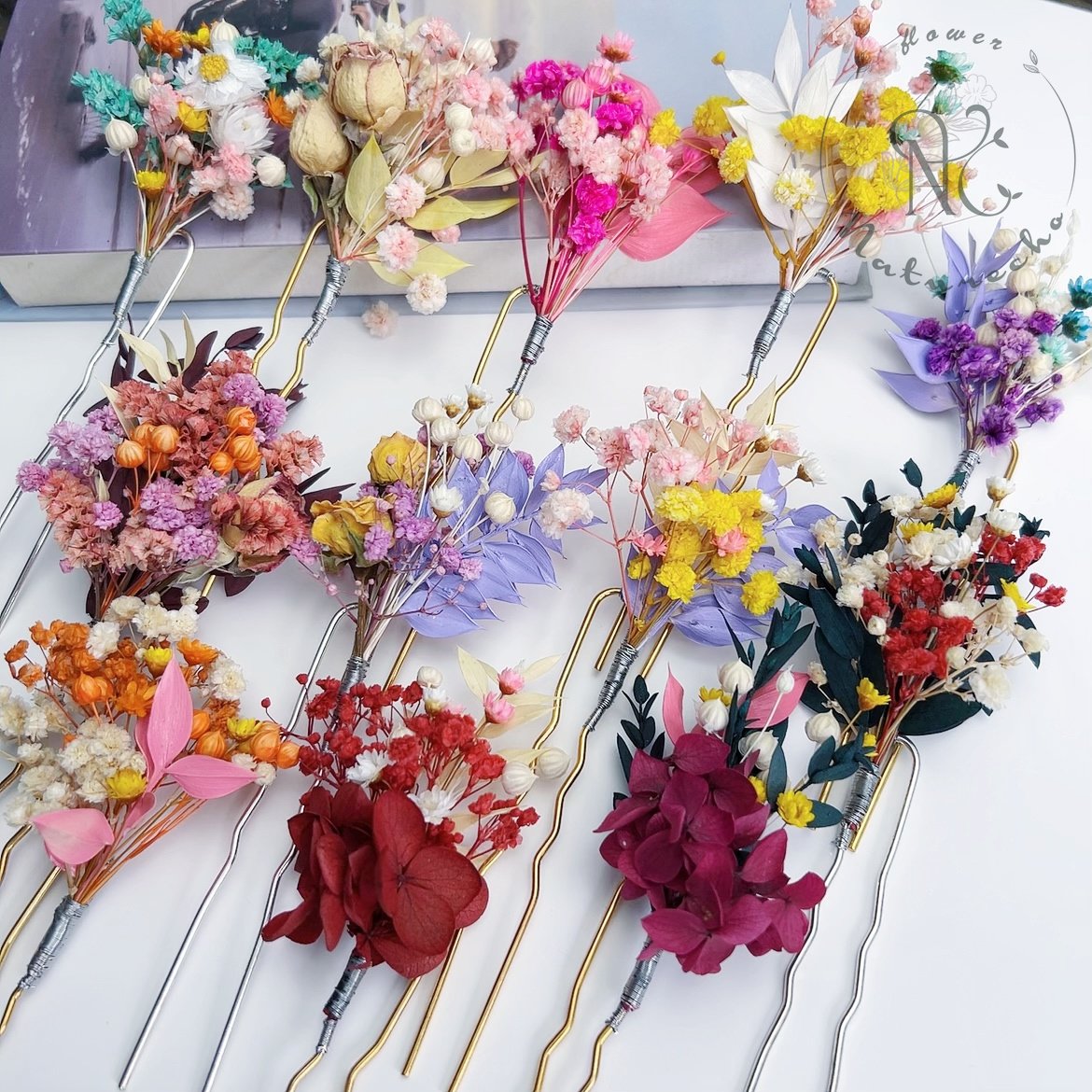 Natural dry flower preserved flower mixed bridal hair Pins, Bohemian wedding hair accessories Bridal Flower Girl Bridesmaid