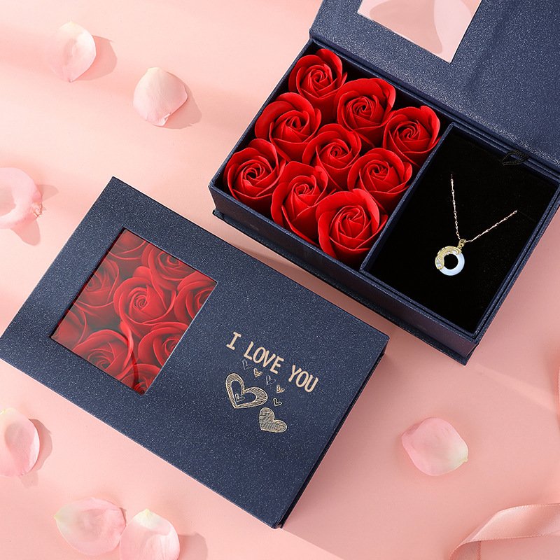 Preserved Rose Flower Gifts Box Jewelry Ring Necklace 9 Immortal Forever Eternal Soap Roses Box Valentines Mothers Day Gift 2025