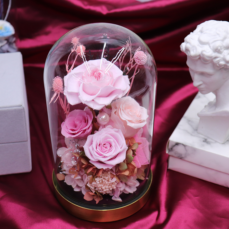 Eternal Luxurious Valentine Gifts Enchanted Rose Gift Box Stabilized Pink Preserved Flower Forever Rose in Glass Dome