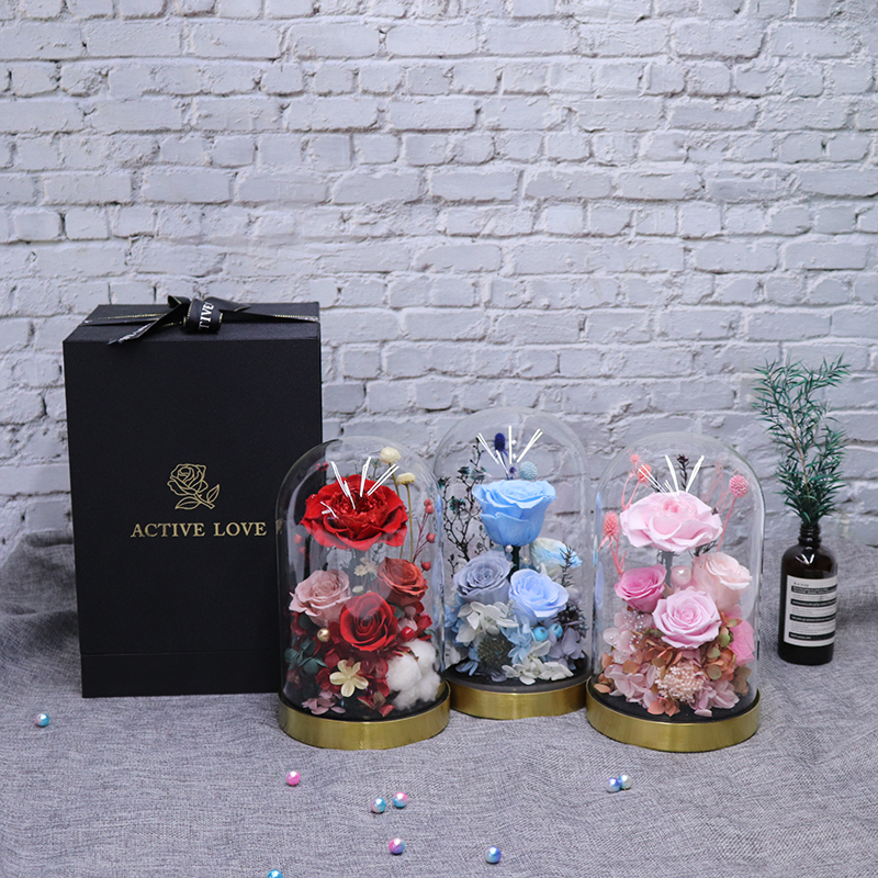 Eternal Luxurious Valentine Gifts Enchanted Rose Gift Box Stabilized Pink Preserved Flower Forever Rose in Glass Dome