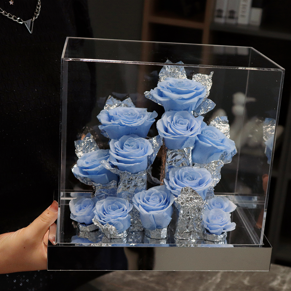 Custom Wholesale Acrylic Gift Box Black Preserved Floral Rose Real Natural Flower for Home Decoration