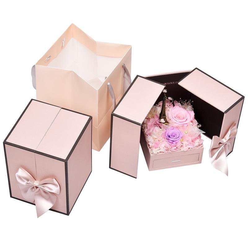 Hot Sale New Design Christmas Decoration Preserved Flowers Big Two Layer Pink Ribbon Valentine Necklace Teddy Bear Rose Gift Box