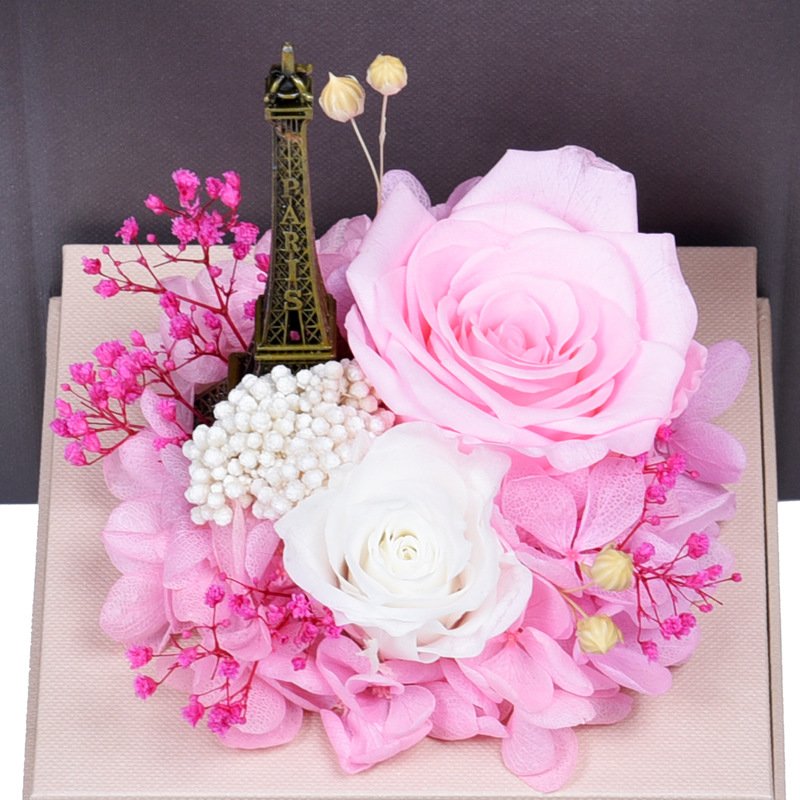 Hot Sale New Design Christmas Decoration Preserved Flowers Big Two Layer Pink Ribbon Valentine Necklace Teddy Bear Rose Gift Box