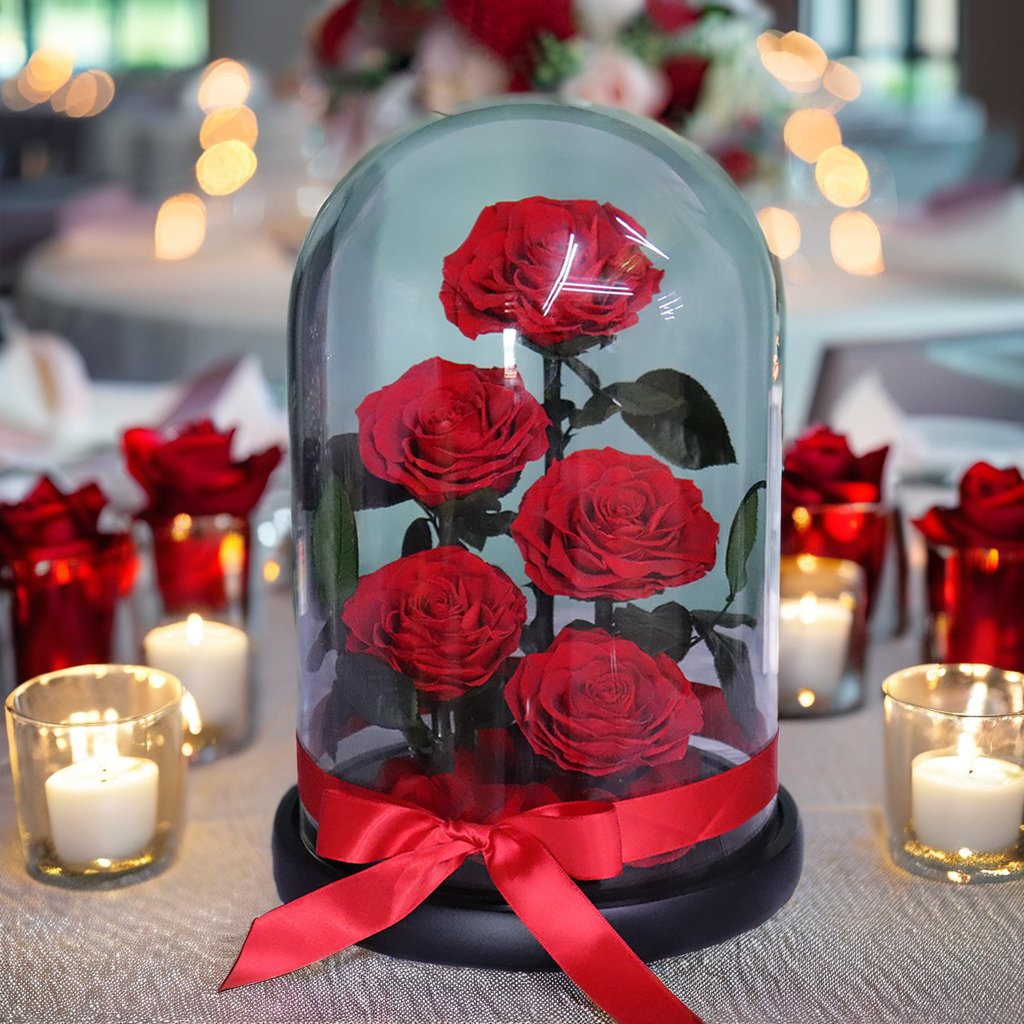 Mother Day Gift 5 Pcs Long Steam Preserved Flower Preserved Rose With Steam Preserved Rose Blue Real Rose In Glass Dome