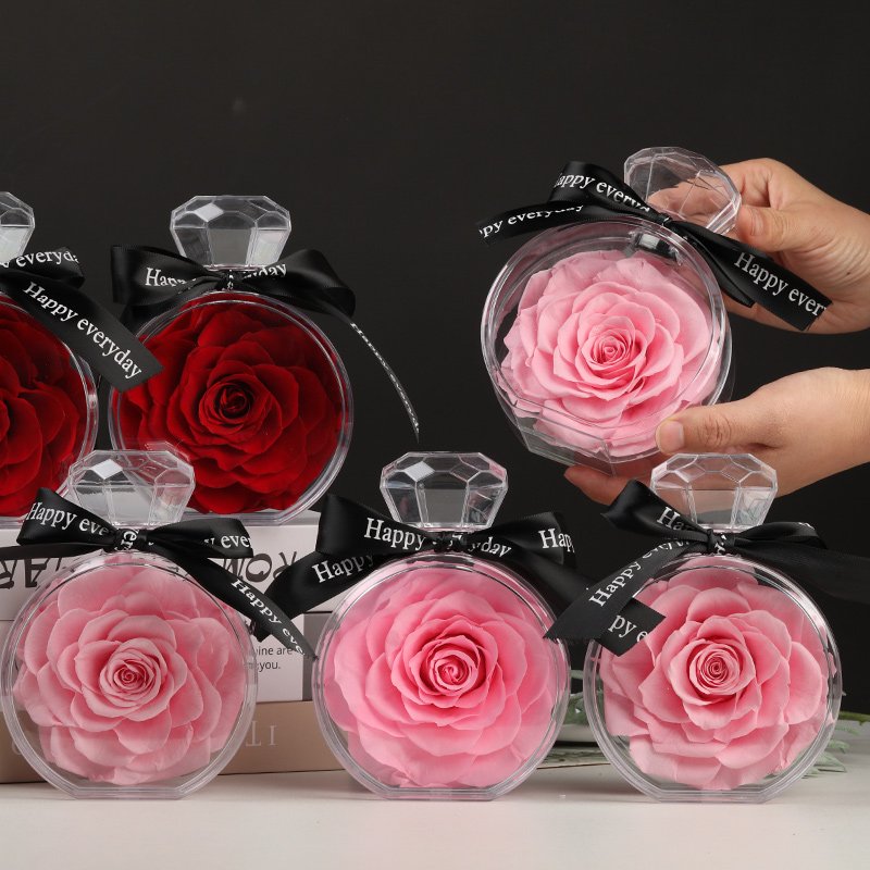Factory supply high quality gift eternal rose preserved rose flowers in transparent acrylic perfume bottle for Girl gift