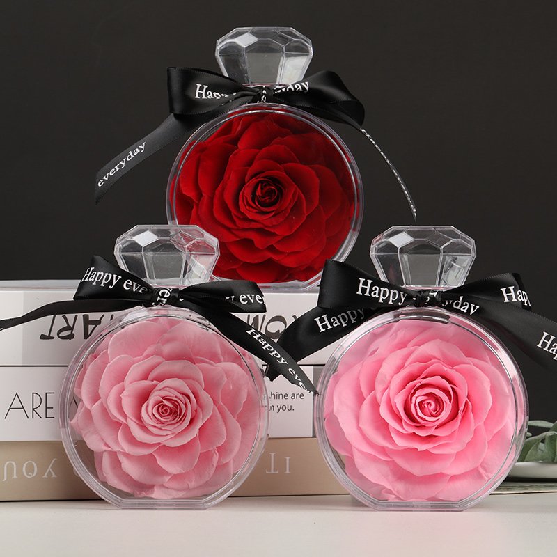 Factory supply high quality gift eternal rose preserved rose flowers in transparent acrylic perfume bottle for Girl gift