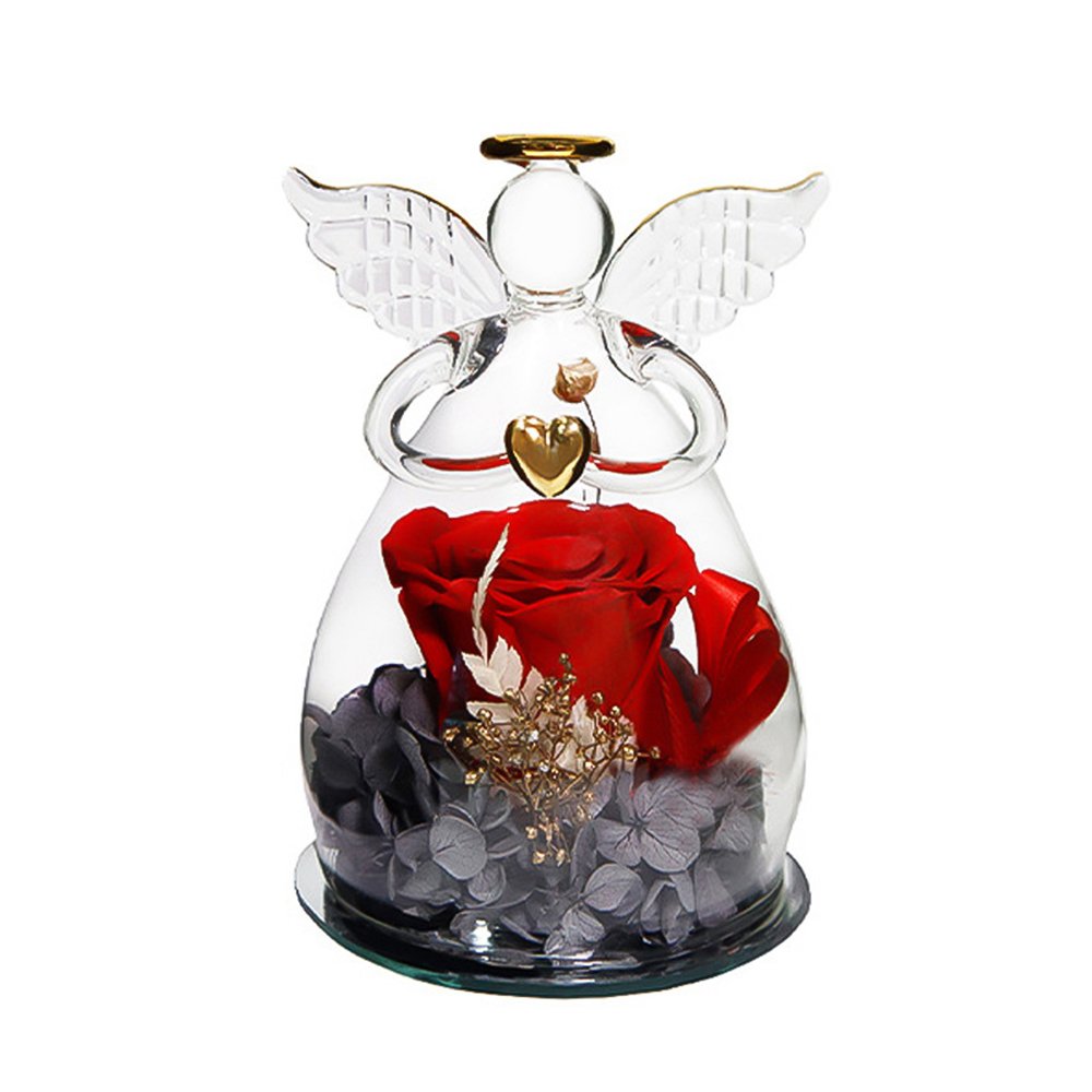 Christmas Preserved Rose Birthday Gifts Women Mom Grandma Wife Glass Angel Figurines Gifts with Pretty Red Flowers